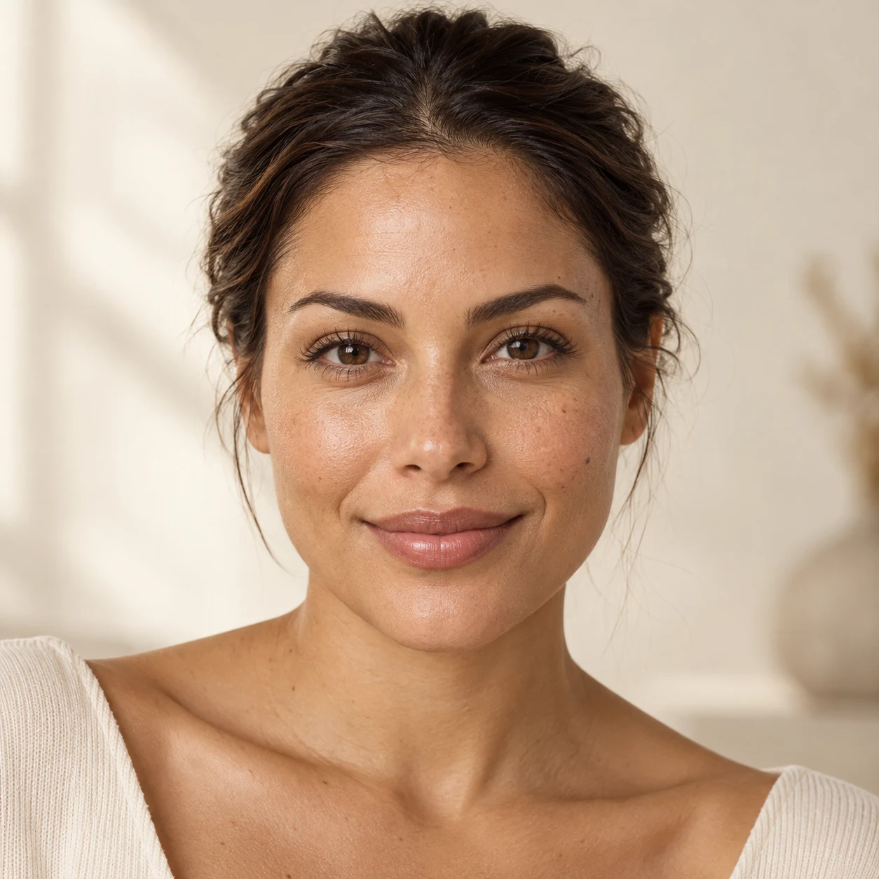 Beauty portrait with natural skin texture, softly lit against an ivory background.